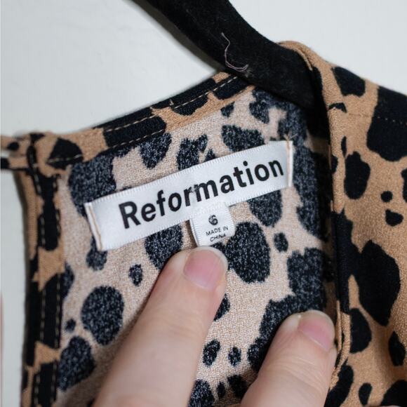 Reformation Port Dress Leopard Animal Print Tie Sleeve Modest Crepe Midi SZ 6 - Picture 6 of 8